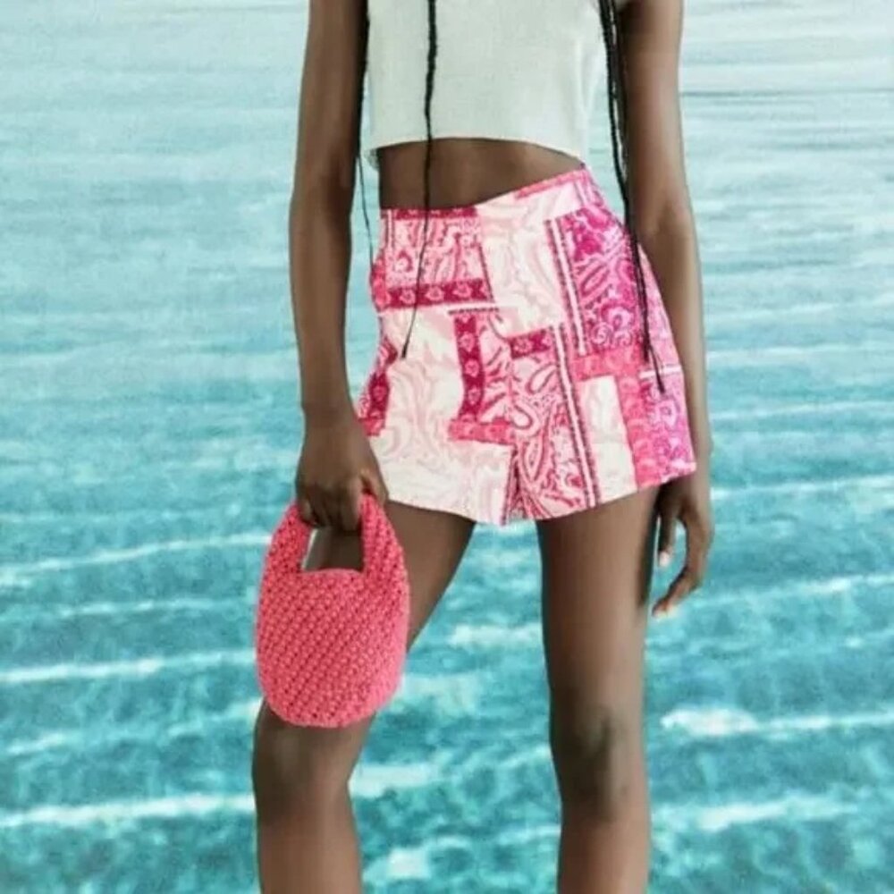 Zara Paisley Print High Waisted Shorts Pink Size Small